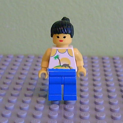 LEGO Minifigure-Island with Palm and Sun - Blue Legs, Black Ponytail Hair (9287)-Town / Paradisa-PAR055-Creative Brick Builders
